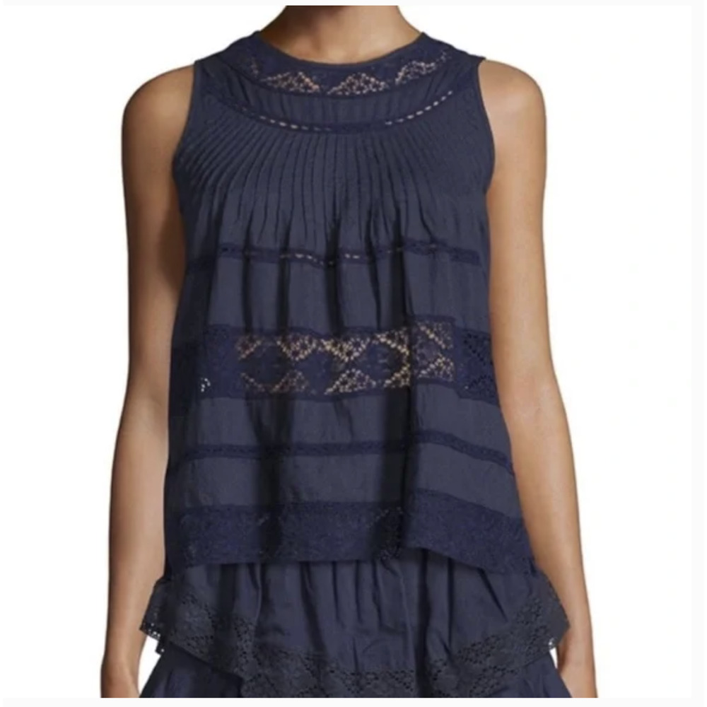 LoveShackFancy Tank Top 1 Blue Crochet Lace Sleeveless Boho Flirty Embroidered